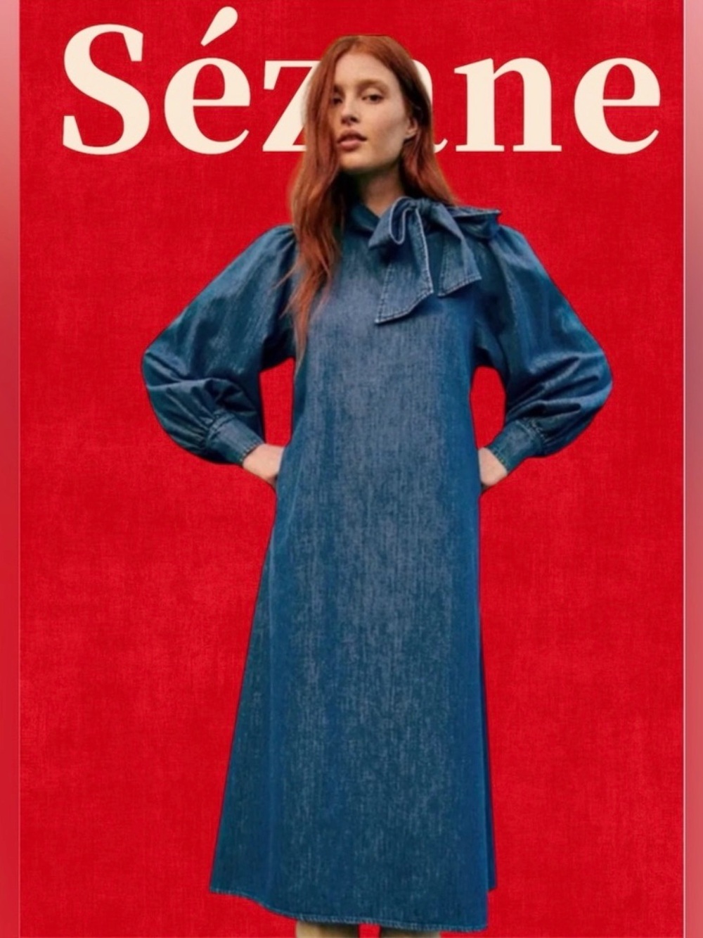 Sezane Taylor Denim Neck Tie Midi Dress